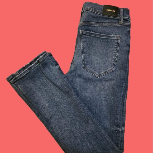 EXPRESS Skyscraper Bootcut Denim Jeans Women's 10R Mid Rise Blue Distressed - Picture 1 of 8
